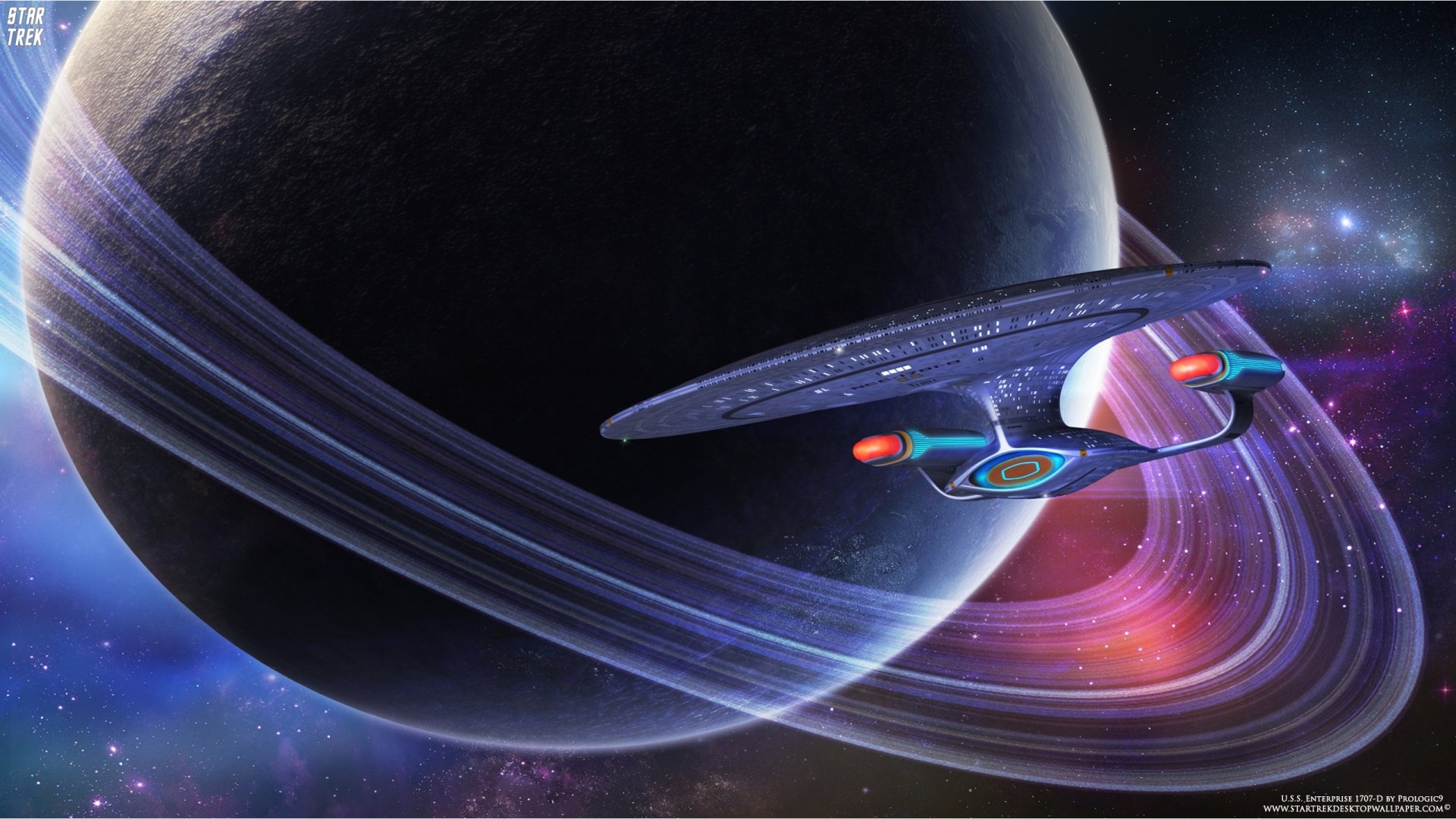 HD PC desktop wallpaper of a Star Trek sci-fi scene featuring a spaceship near a ringed planet in deep space with vibrant cosmic colors and glowing stars.