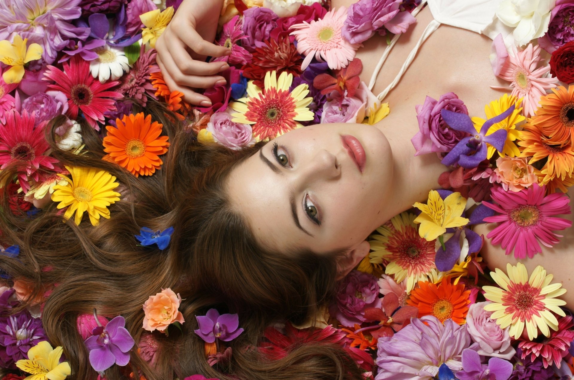 A woman lies amidst a vibrant array of flowers, with her hair blending into the colorful petals, creating a serene and enchanting scene. This image serves as a stunning 4K Ultra HD desktop wallpaper.