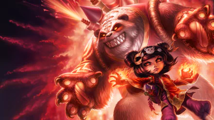 HD desktop wallpaper of Annie from the video game League of Legends, depicting her alongside her fiery bear companion, Tibbers. The vibrant background features intense flames and dynamic visuals.