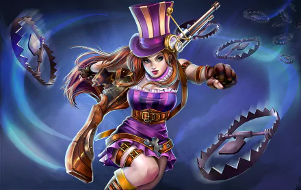 Caitlyn from League of Legends strikes a dynamic pose, surrounded by traps, in this vibrant 4K Ultra HD wallpaper for gamers and fans of the video game.