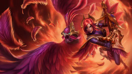 A vibrant 4K Ultra HD wallpaper featuring Quinn from League of Legends, wielding her bow alongside a majestic, colorful bird amidst dynamic, swirling feathers.
