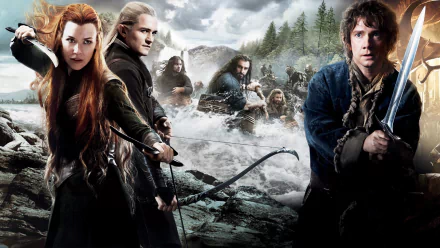 A dramatic scene from The Hobbit: The Battle of the Five Armies, featuring key characters in an epic landscape. This HD wallpaper showcases the intensity of the film's action.