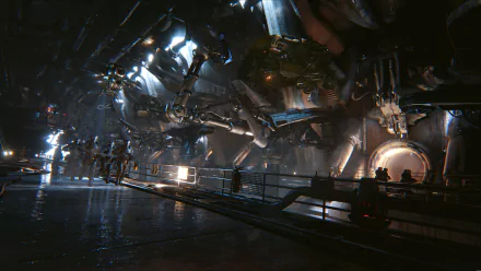 8K Ultra HD PC desktop wallpaper: dark industrial sci‑fi hangar with giant robotic machinery and walkways, rendered in Unreal Engine 4, high-detail technology scene.