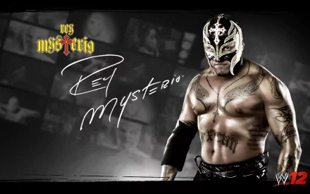 HD PC desktop wallpaper: masked WWE wrestler in ornate gold-and-white mask and tattooed torso, signature scrawled across left, set against a dark WWE '12 video game background.