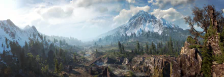 HD wallpaper featuring a breathtaking mountainous landscape from The Witcher 3: Wild Hunt video game, showcasing a mix of snow-capped peaks and lush forests under a partly cloudy sky.