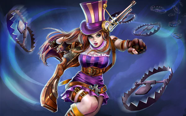 Caitlyn from League of Legends strikes a dynamic pose, surrounded by traps, in this vibrant 4K Ultra HD wallpaper for gamers and fans of the video game.