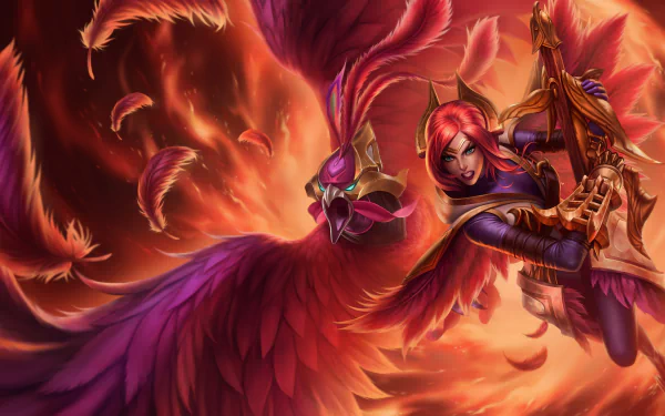 A vibrant 4K Ultra HD wallpaper featuring Quinn from League of Legends, wielding her bow alongside a majestic, colorful bird amidst dynamic, swirling feathers.