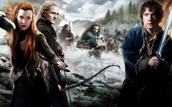 A dramatic scene from The Hobbit: The Battle of the Five Armies, featuring key characters in an epic landscape. This HD wallpaper showcases the intensity of the film's action.