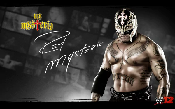 HD PC desktop wallpaper: masked WWE wrestler in ornate gold-and-white mask and tattooed torso, signature scrawled across left, set against a dark WWE '12 video game background.
