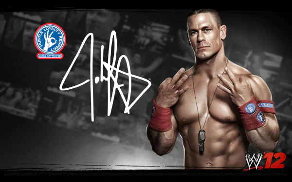 HD PC desktop wallpaper featuring WWE superstar John Cena with his signature and WWE 12 branding in a TV show-style design.