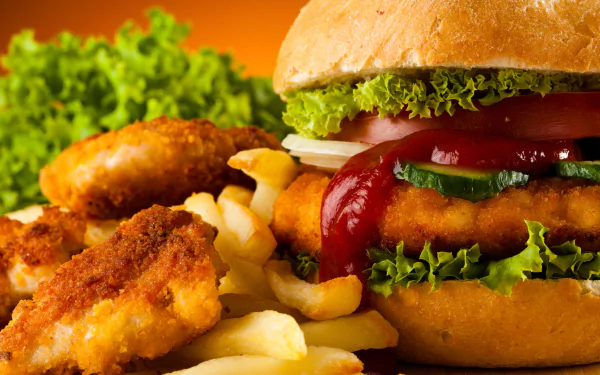 A close-up 4K Ultra HD wallpaper of a juicy hamburger with lettuce, tomato, and ketchup, accompanied by crispy chicken nuggets and golden french fries.