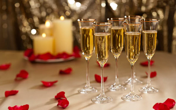Elegant glass champagne flutes filled with bubbly stand beside flickering candles and scattered rose petals, creating a festive New Year atmosphere in this 4K Ultra HD desktop wallpaper.