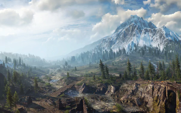 HD wallpaper featuring a breathtaking mountainous landscape from The Witcher 3: Wild Hunt video game, showcasing a mix of snow-capped peaks and lush forests under a partly cloudy sky.
