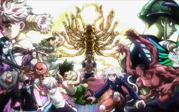 HD wallpaper featuring Hunter x Hunter characters Gon Freecss, Killua Zoldyck, and Neferpitou with a dynamic, colorful backdrop.