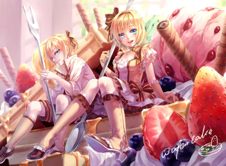 HD desktop wallpaper featuring Vocaloid characters Rin and Len Kagamine lounging among colossal desserts in a vibrant, colorful anime style.