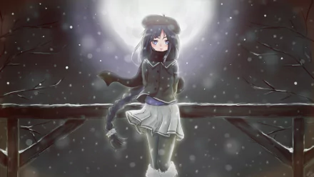 HD PC desktop wallpaper: anime-style ALYS (Vocaloid) standing on a snow-covered railing beneath a bright moon, gentle snowfall and a softly glowing night sky.