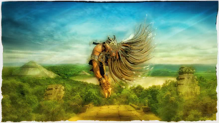 A vibrant landscape featuring an ancient jungle temple with pyramids, showcasing a fantasy warrior in mid-air, evoking the mystical essence of Inca and Mayan cultures. 4K Ultra HD quality.