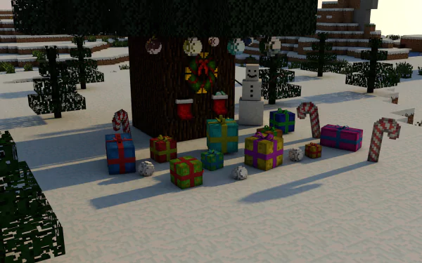 A festive Minecraft scene featuring a decorated Christmas tree, colorful gifts, a snowman, and candy canes set in a snowy landscape, captured in vibrant HD detail.
