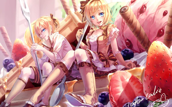 HD desktop wallpaper featuring Vocaloid characters Rin and Len Kagamine lounging among colossal desserts in a vibrant, colorful anime style.