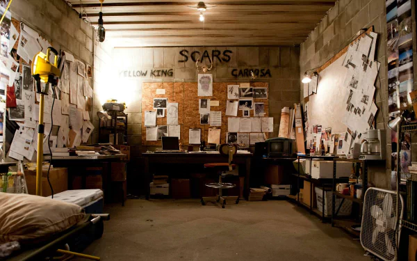 HD PC desktop wallpaper featuring a dimly lit, cluttered detective investigation room from the TV show True Detective, with pinned notes and photos on the walls.