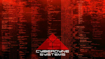 HD PC desktop wallpaper featuring a red Cyberdyne Systems logo from the movie Terminator 2: Judgment Day with a digital code background.