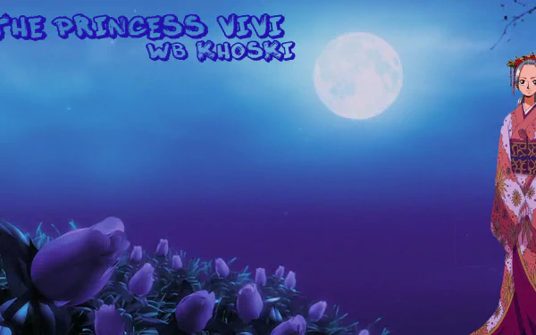HD PC desktop wallpaper featuring Nefertari Vivi from the anime One Piece, set against a moonlit sky with a field of flowers in the foreground.