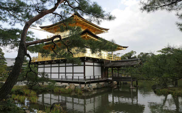 HD desktop wallpaper featuring the Temple of the Golden Pavilion (Kinkaku-ji) in Kyoto, Japan, showcasing the iconic golden temple surrounded by lush greenery and calm water.