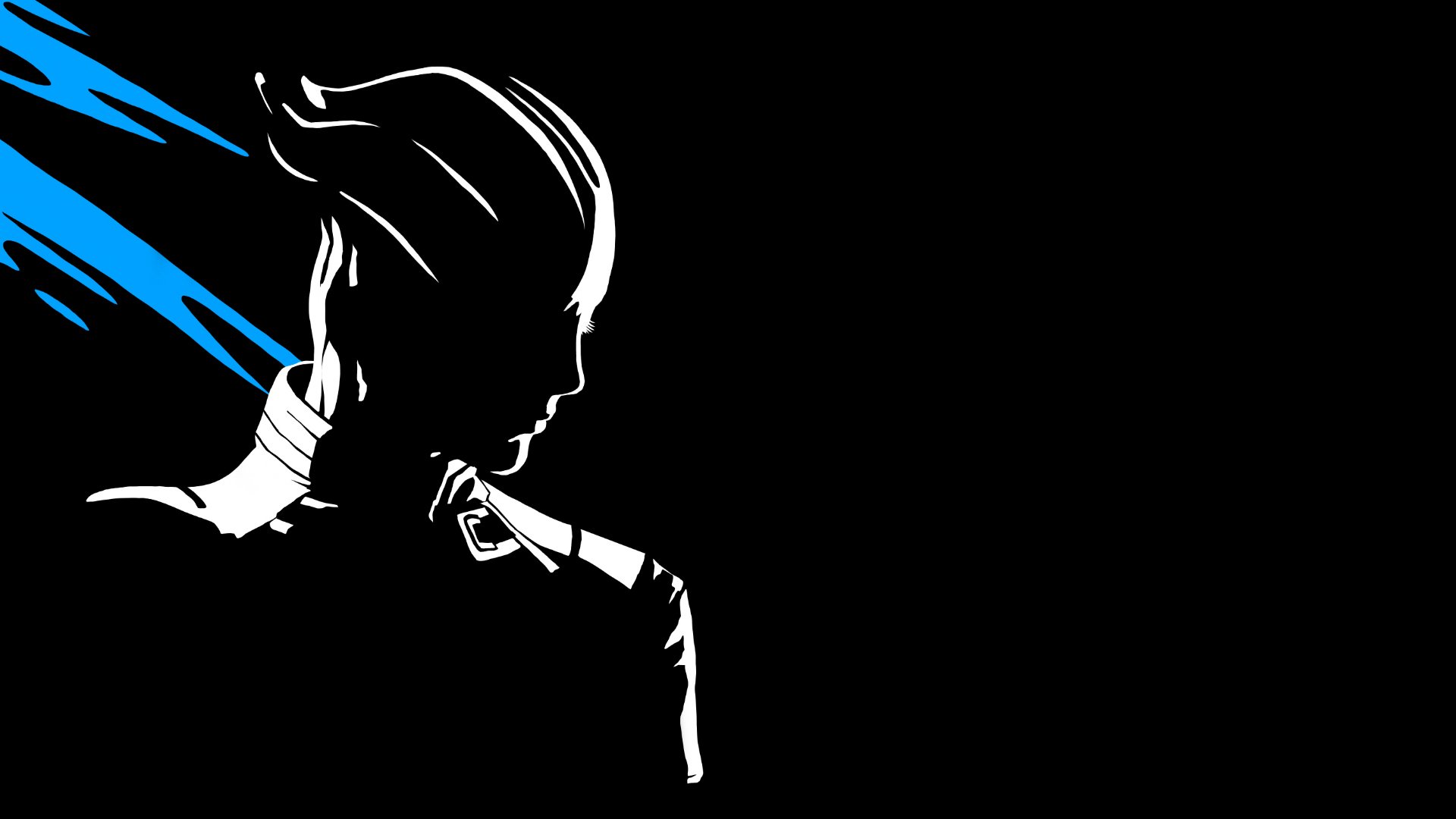 A striking HD PC desktop wallpaper featuring a silhouette from the video game Mass Effect, highlighted by bold blue accents against a black background.