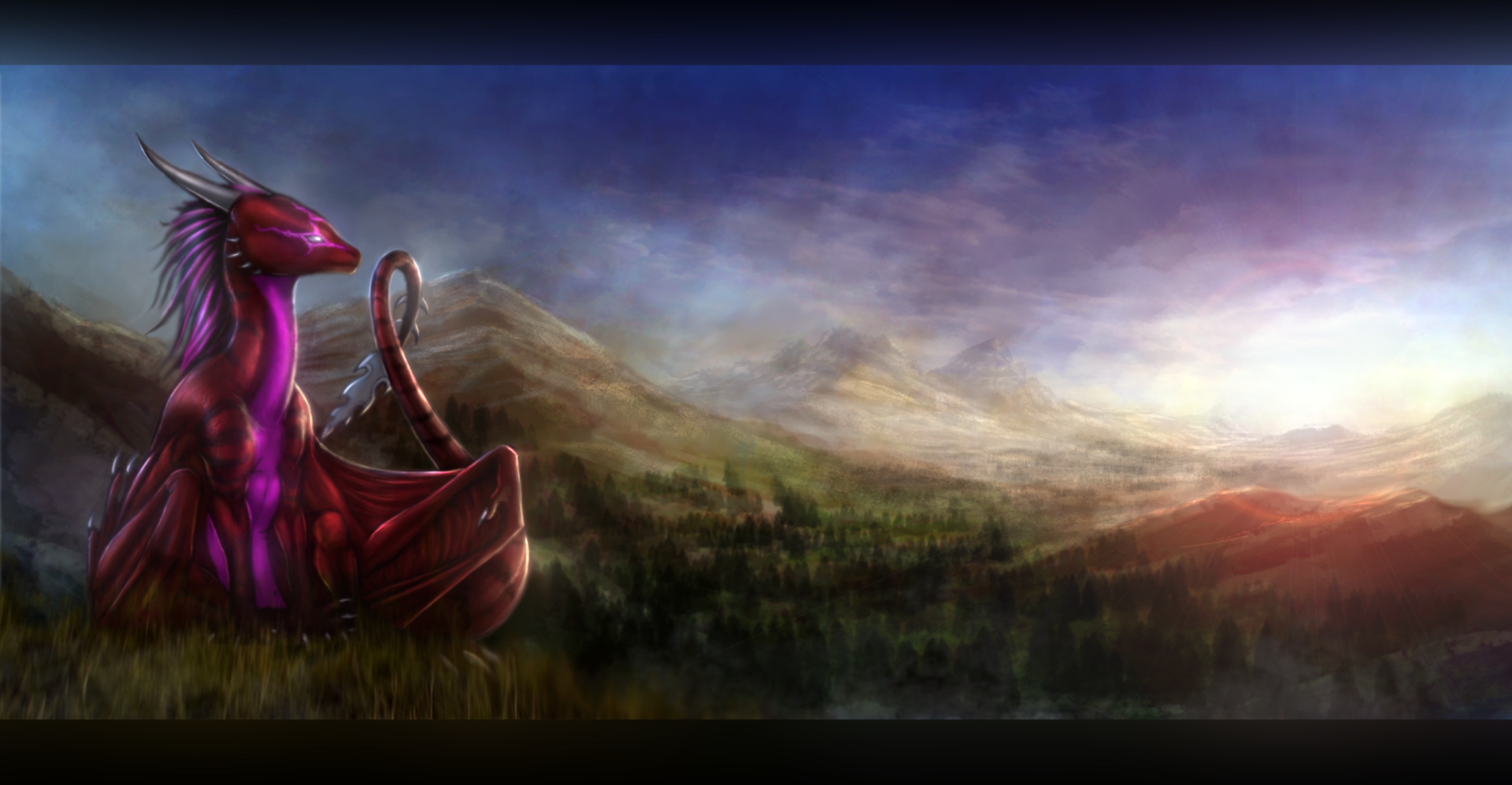 HD fantasy PC desktop wallpaper featuring a majestic purple dragon perched on a rock overlooking a vast, misty landscape at sunset.