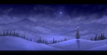 A serene winter landscape features a snow-covered mountain backdrop, a vibrant Christmas tree, and a peaceful night sky, creating a magical holiday atmosphere.