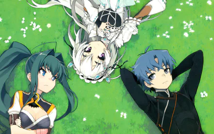 Anime HD PC desktop wallpaper featuring characters from Chaika -The Coffin Princess- lying on a grassy field with white flowers.