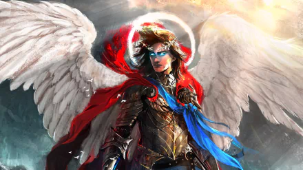 HD wallpaper of a fantasy angel warrior adorned in armor with expansive wings, set against a dynamic celestial backdrop.