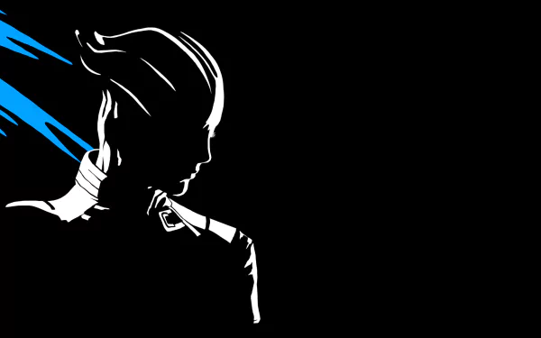 A striking HD PC desktop wallpaper featuring a silhouette from the video game Mass Effect, highlighted by bold blue accents against a black background.