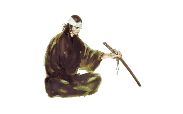 A serene character from the anime Vagabond sits calmly with a sword, depicted in a 4K Ultra HD style, emphasizing rich colors and intricate details.