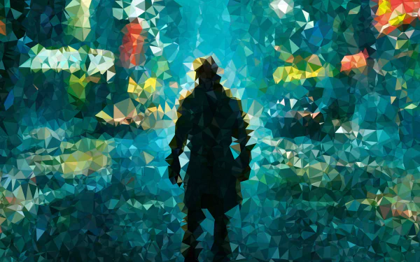 Abstract polygonal rendition of a Watchmen movie scene featuring a silhouetted figure in a trench coat, designed as a 4K Ultra HD PC desktop wallpaper background.