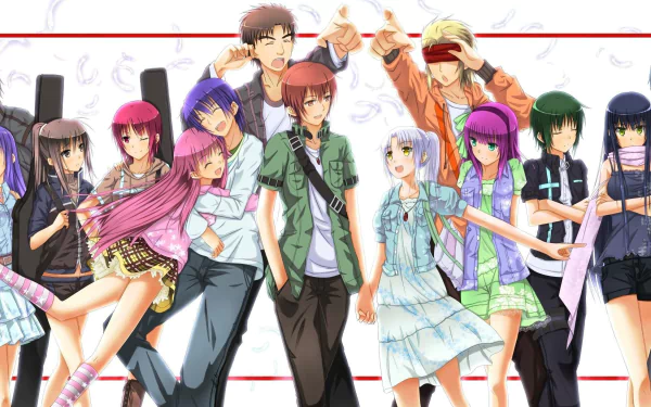 A vibrant HD desktop wallpaper featuring characters from the anime Angel Beats!, showcasing a lively ensemble amidst dynamic poses and colorful outfits.