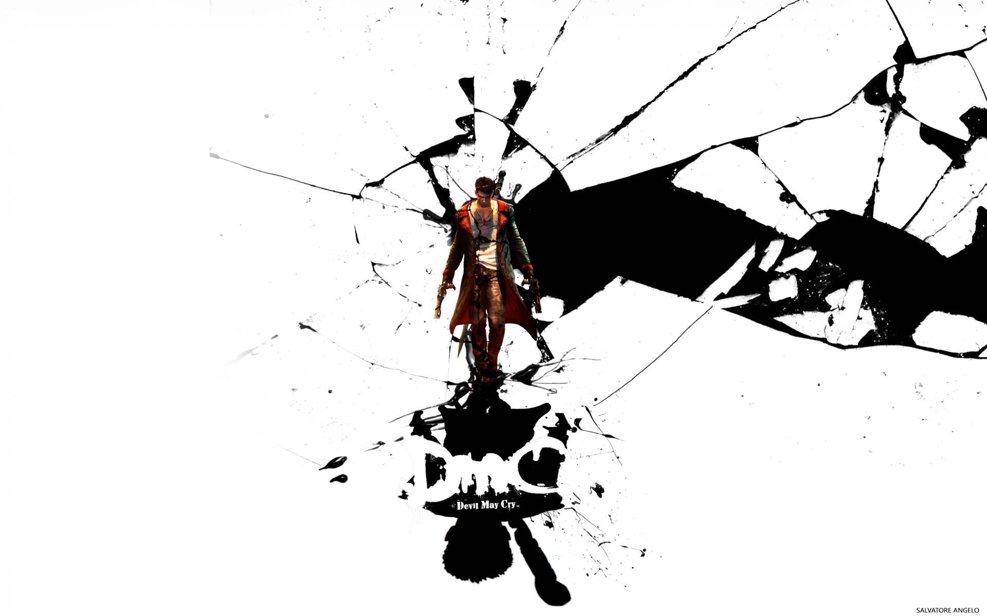 2K Quad HD PC desktop wallpaper of Dante (Devil May Cry) from the video game DmC: Devil May Cry, standing atop a black shattered ink splatter on a stark white background with the DmC logo.