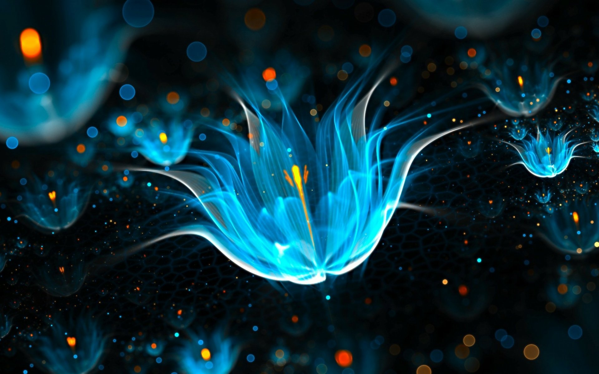 HD desktop wallpaper featuring a luminous blue fractal flower with glowing particles on a dark abstract background.