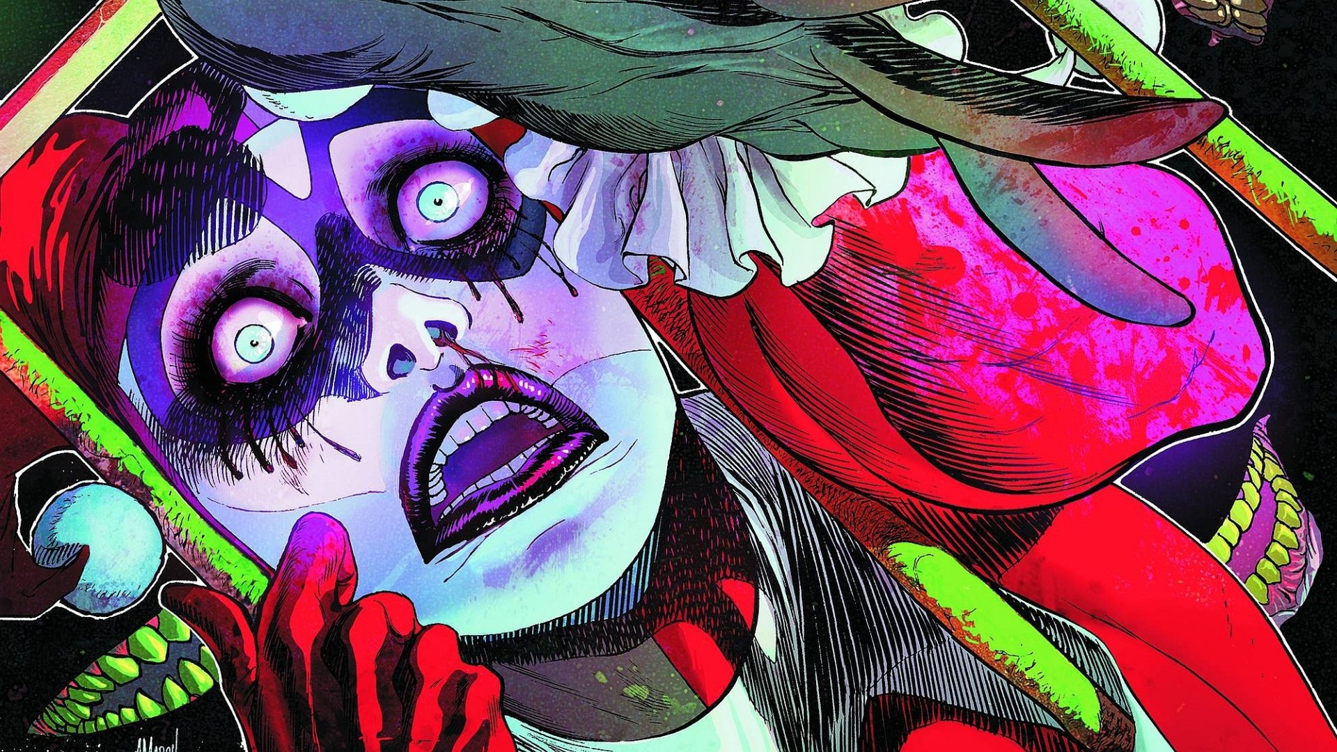 HD PC desktop wallpaper featuring a vivid comic-style close-up of Harley Quinn from Gotham City Sirens with striking colors and intense expression.