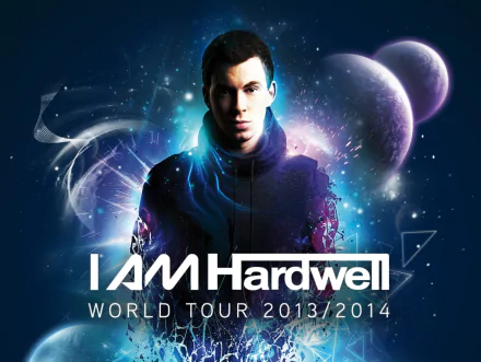 A vibrant HD desktop wallpaper featuring Hardwell, with cosmic elements and bold text promoting his I AM Hardwell World Tour 2013/2014.