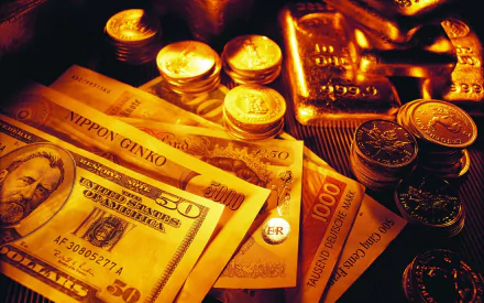 HD desktop wallpaper featuring an artistic arrangement of man-made money including US dollars, Japanese yen, coins, and gold bars in warm golden tones.