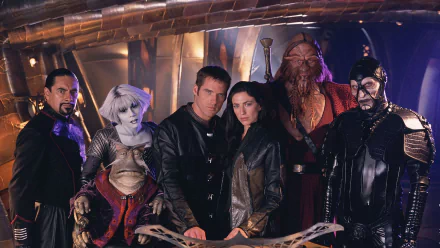 HD PC desktop wallpaper featuring the main cast of the TV show Farscape, showcasing diverse characters in a sci-fi setting.