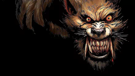 HD PC desktop wallpaper of a Ferals (Comics) snarling feral creature: close-up comic-style beast with glowing red eyes and bared fangs on black background.