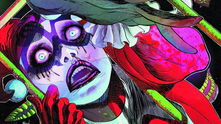 HD PC desktop wallpaper featuring a vivid comic-style close-up of Harley Quinn from Gotham City Sirens with striking colors and intense expression.