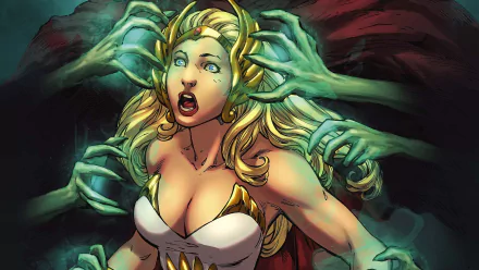 Comic-style He-Man and the Masters of the Universe HD PC desktop wallpaper: blonde heroine in white armor screams as many green spectral hands reach from the darkness.