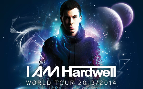 A vibrant HD desktop wallpaper featuring Hardwell, with cosmic elements and bold text promoting his I AM Hardwell World Tour 2013/2014.