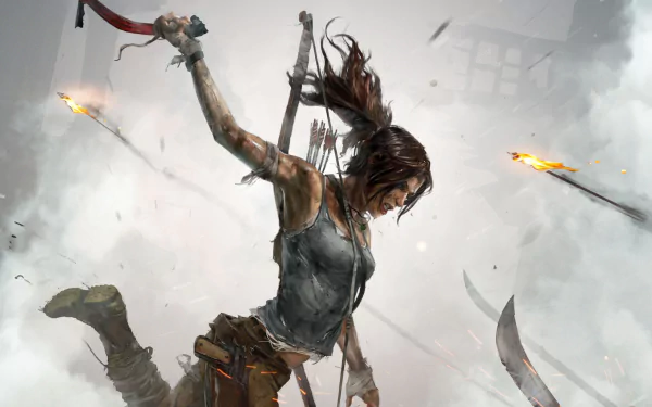 Lara Croft, the iconic video game character from Tomb Raider, is depicted in a dynamic action pose, set against a dramatic backdrop of smoke and flying arrows.