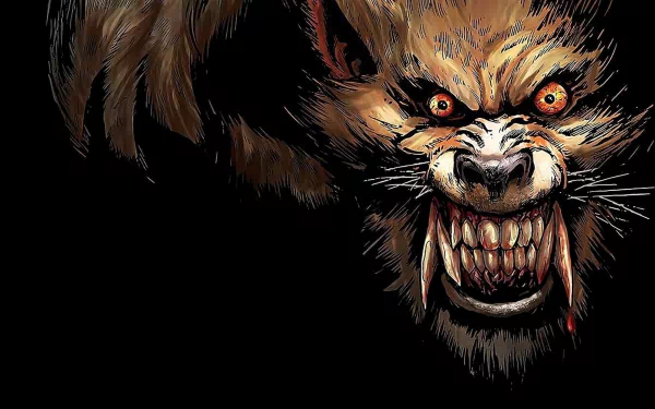 HD PC desktop wallpaper of a Ferals (Comics) snarling feral creature: close-up comic-style beast with glowing red eyes and bared fangs on black background.