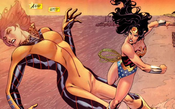 2K Quad HD PC desktop wallpaper: comic scene of Wonder Woman battling Giganta on a beach — Wonder Woman lunges with her lasso as Giganta recoils.