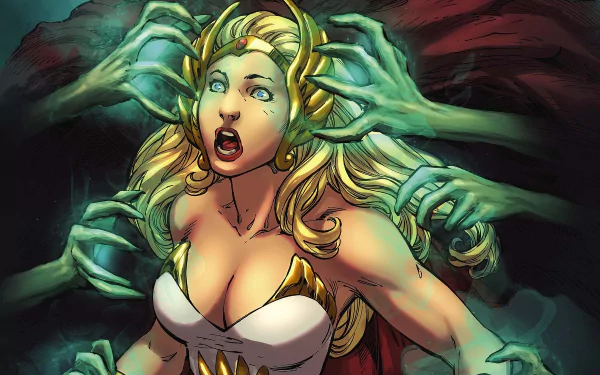 Comic-style He-Man and the Masters of the Universe HD PC desktop wallpaper: blonde heroine in white armor screams as many green spectral hands reach from the darkness.